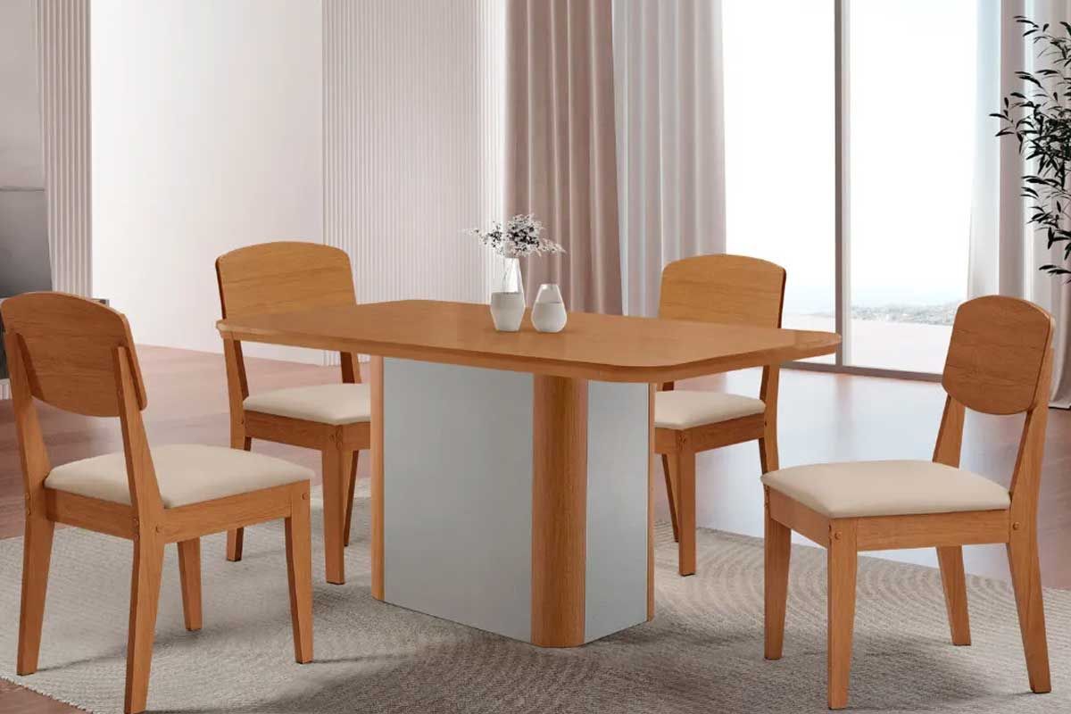 Sala Jantar Mesa Pietá c/ Tampo Madeirado Canto Curvo 120x80cm e 4 Cadeiras Havana - Rufato