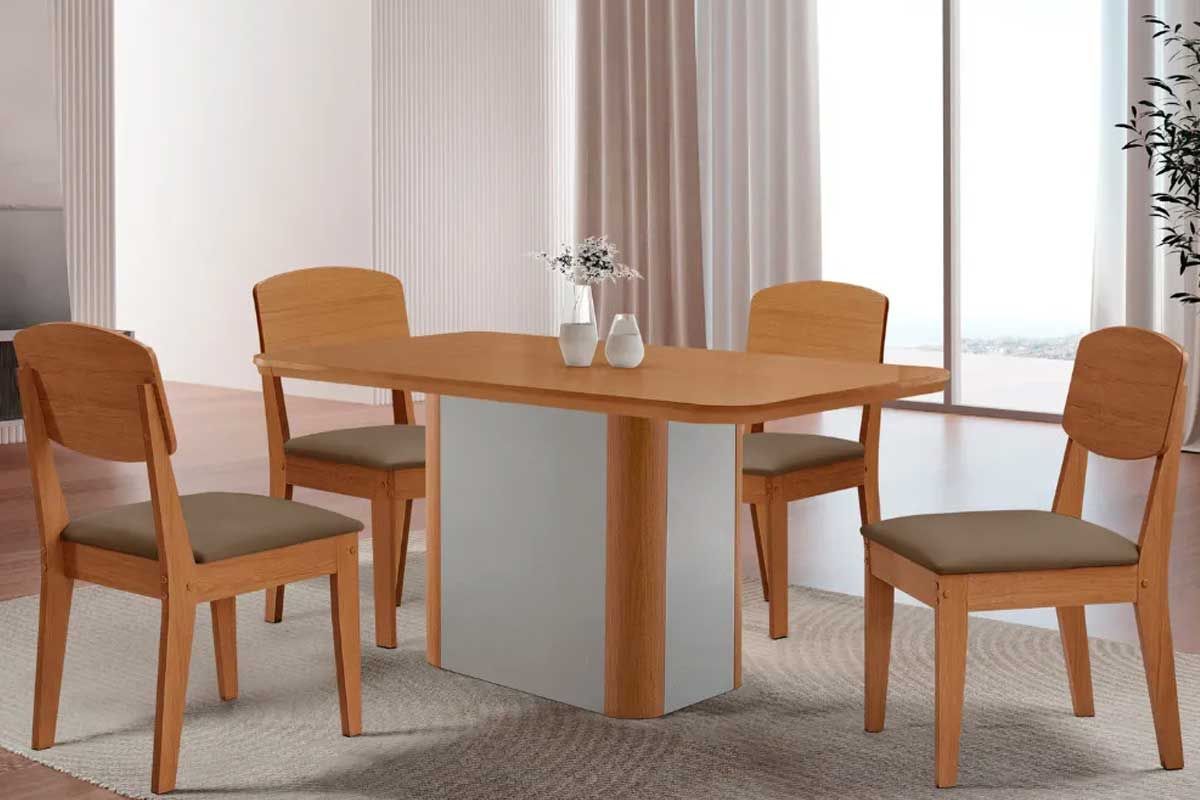 Sala Jantar Mesa Pietá c/ Tampo Madeirado Canto Curvo 120x80cm e 4 Cadeiras Havana - Rufato