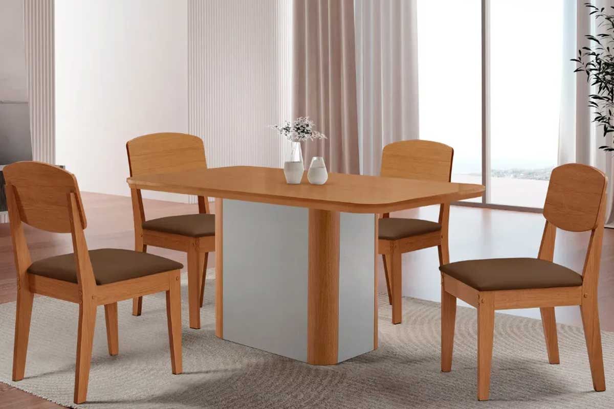 Sala Jantar Mesa Pietá c/ Tampo Madeirado Canto Curvo 120x80cm e 4 Cadeiras Havana - Rufato