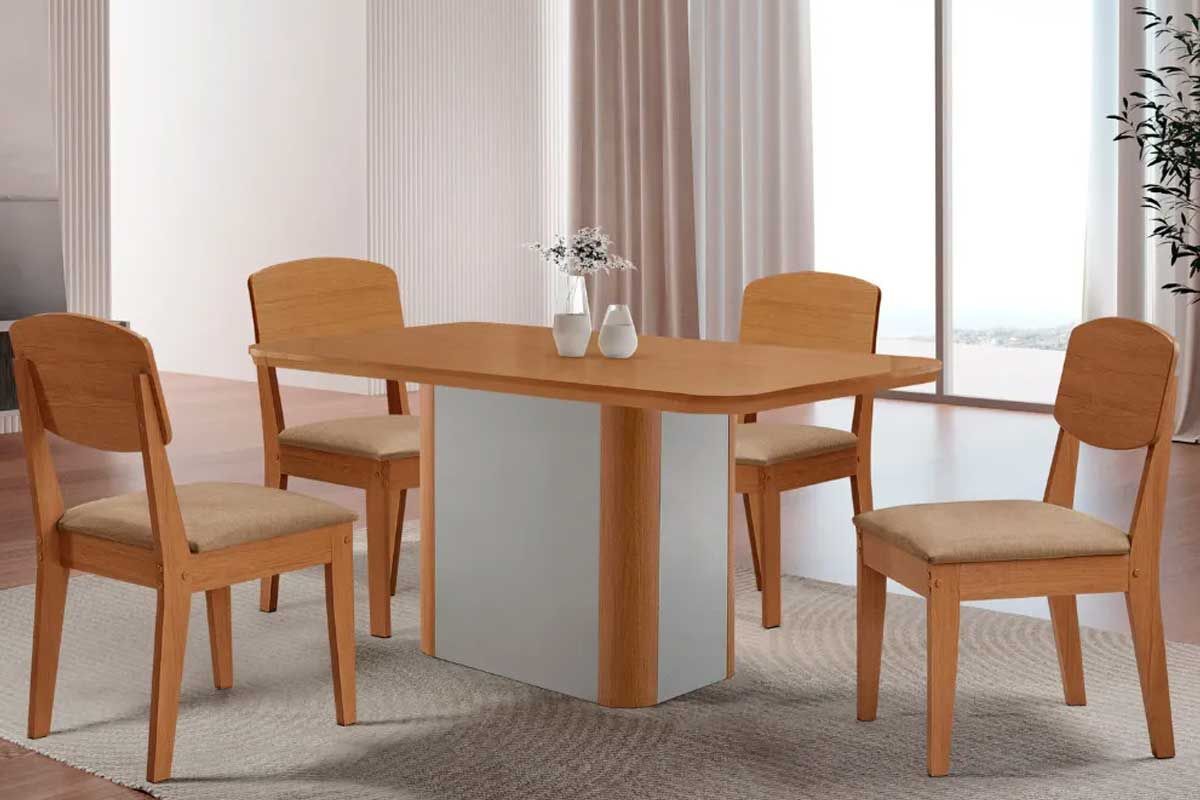 Sala Jantar Mesa Pietá c/ Tampo Madeirado Canto Curvo 120x80cm e 4 Cadeiras Havana - Rufato