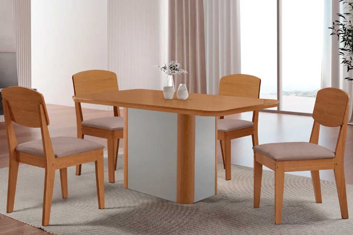 Sala Jantar Mesa Pietá c/ Tampo Madeirado Canto Curvo 120x80cm e 4 Cadeiras Havana - Rufato