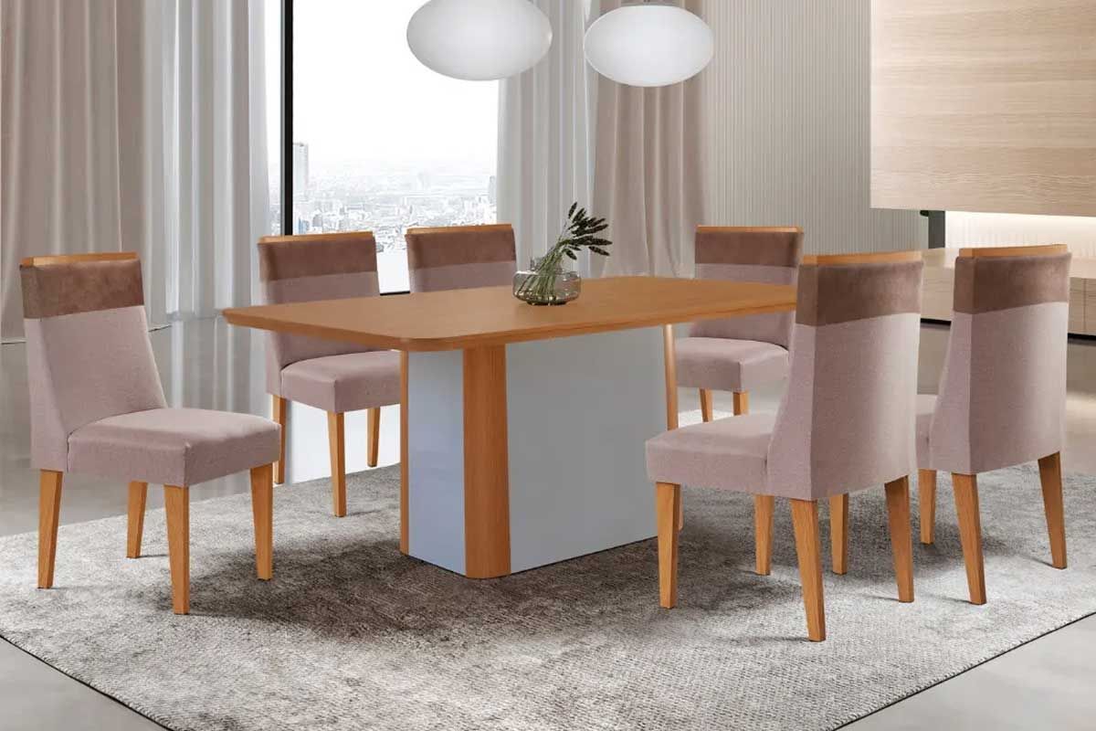 Sala Jantar Mesa Pietá c/ Tampo Madeirado Canto Curvo 180x90cm e 6 Cadeiras Jaspe - Rufato