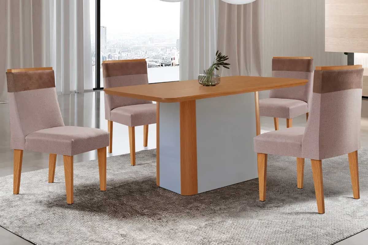 Sala Jantar Mesa Pietá c/ Tampo Madeirado Canto Curvo 120x80cm e 4 Cadeiras Jaspe - Rufato
