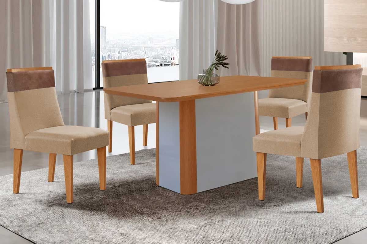 Sala Jantar Mesa Pietá c/ Tampo Madeirado Canto Curvo 120x80cm e 4 Cadeiras Jaspe - Rufato