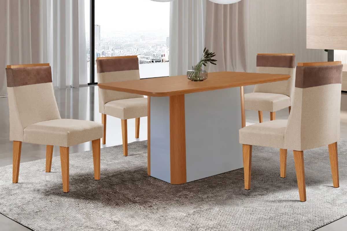 Sala Jantar Mesa Pietá c/ Tampo Madeirado Canto Curvo 120x80cm e 4 Cadeiras Jaspe - Rufato