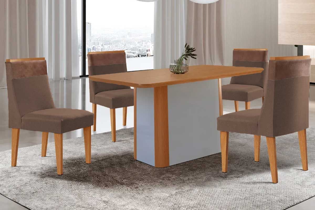 Sala Jantar Mesa Pietá c/ Tampo Madeirado Canto Curvo 120x80cm e 4 Cadeiras Jaspe - Rufato