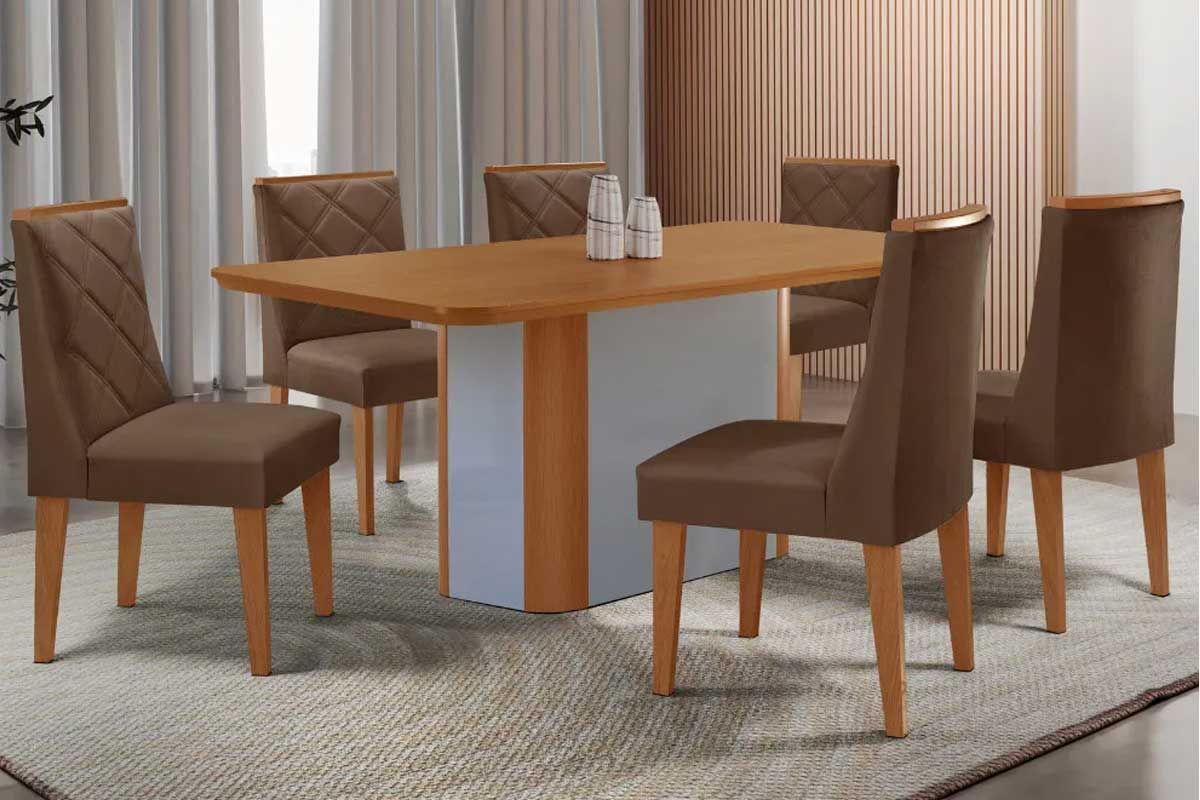 Sala Jantar Mesa Pietá c/ Tampo Madeirado Canto Curvo 180x90cm e 6 Cadeiras Pietá - Rufato