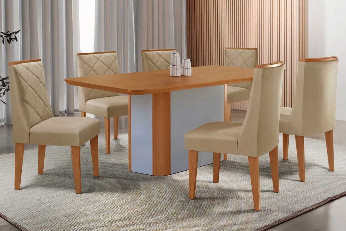 Sala Jantar Mesa Pietá c/ Tampo Madeirado Canto Curvo 180x90cm e 6 Cadeiras Pietá - Rufato