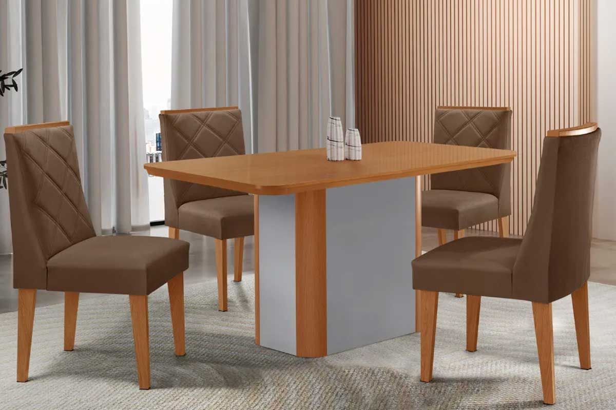 Sala Jantar Mesa Pietá c/ Tampo Madeirado Canto Curvo 120x80cm e 4 Cadeiras Pietá - Rufato