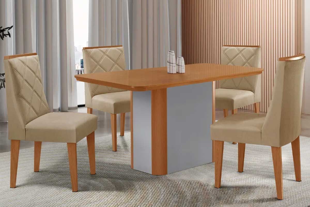 Sala Jantar Mesa Pietá c/ Tampo Madeirado Canto Curvo 120x80cm e 4 Cadeiras Pietá - Rufato