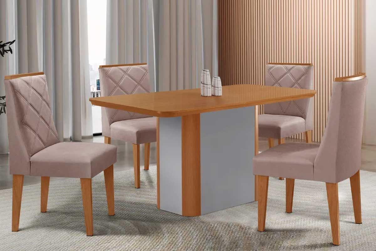Sala Jantar Mesa Pietá c/ Tampo Madeirado Canto Curvo 120x80cm e 4 Cadeiras Pietá - Rufato