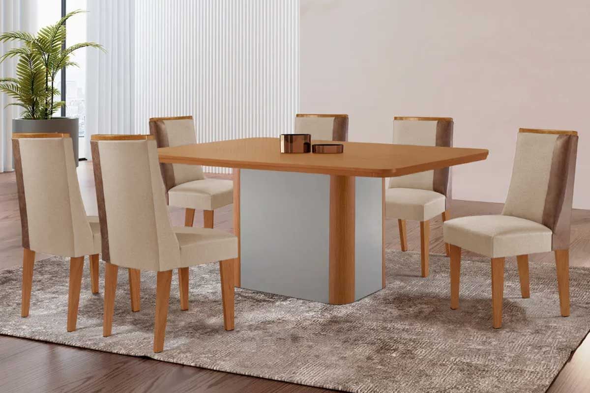Sala Jantar Mesa Pietá c/ Tampo Madeirado Canto Curvo 180x90cm e 6 Cadeiras Tilia - Rufato