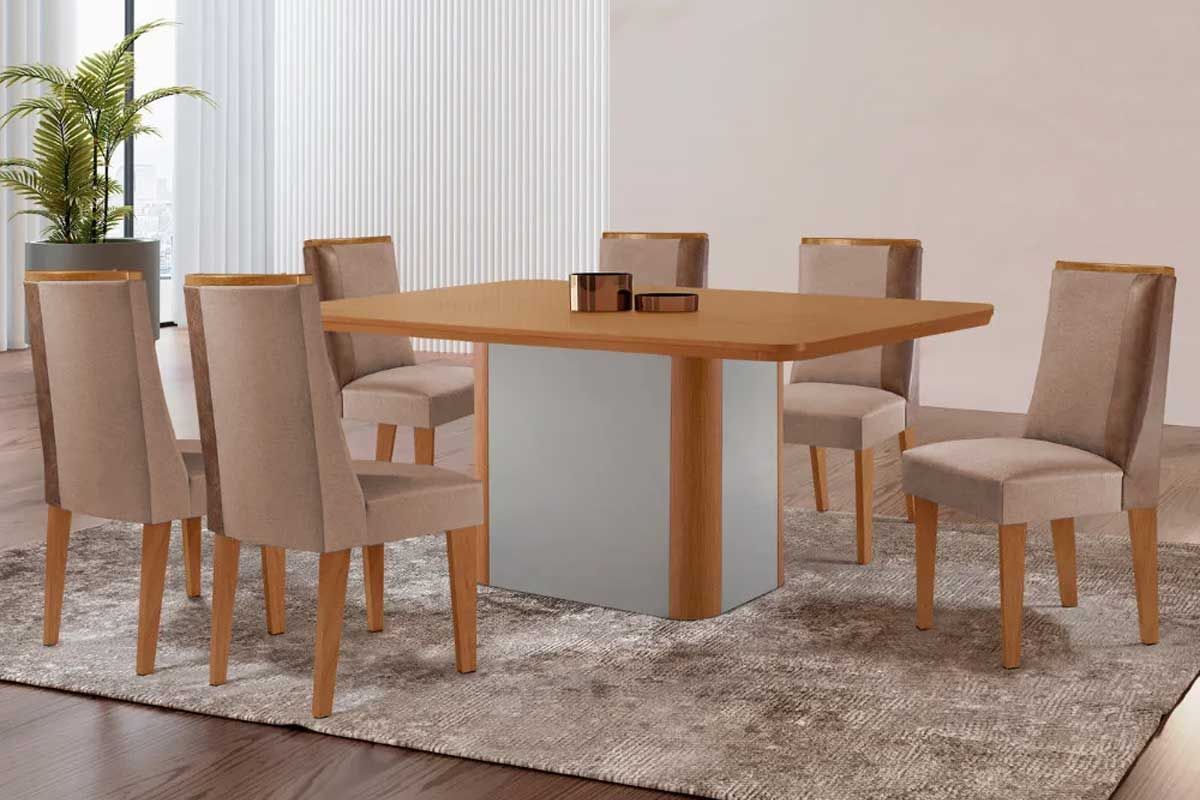 Sala Jantar Mesa Pietá c/ Tampo Madeirado Canto Curvo 180x90cm e 6 Cadeiras Tilia - Rufato