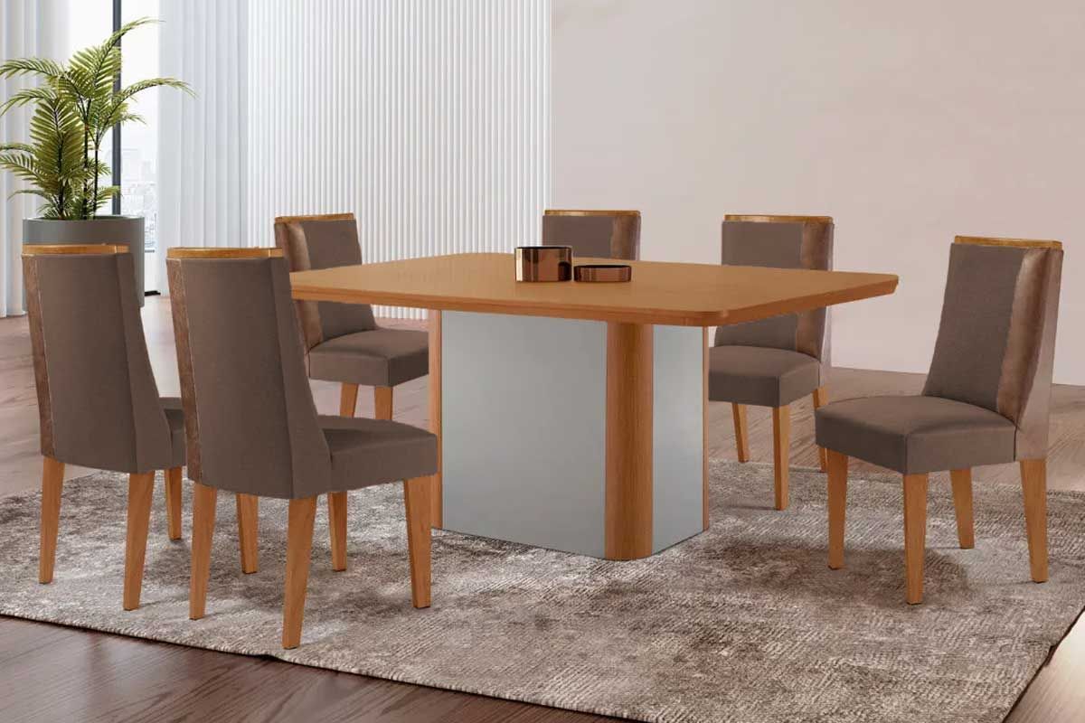 Sala Jantar Mesa Pietá c/ Tampo Madeirado Canto Curvo 180x90cm e 6 Cadeiras Tilia - Rufato