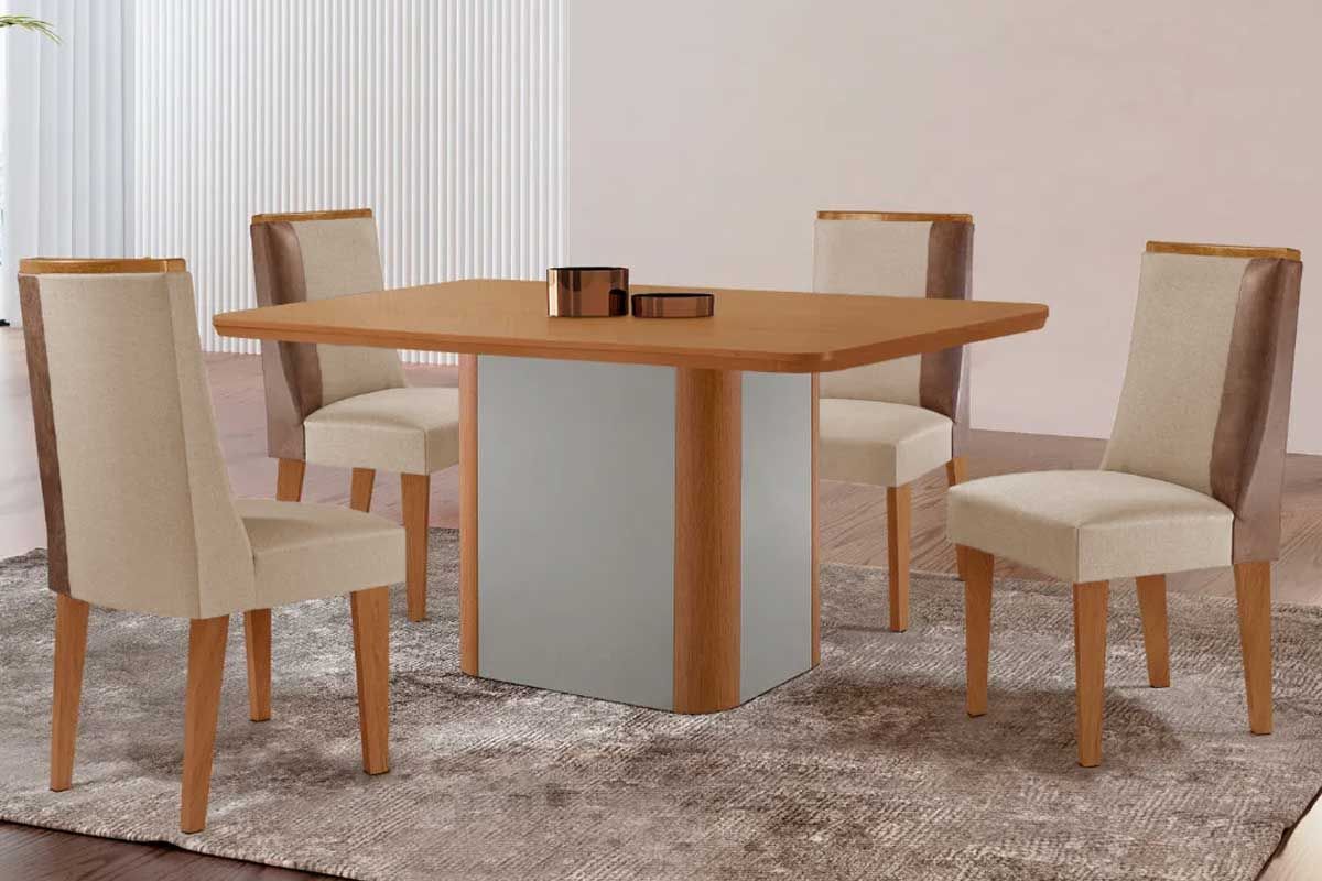 Sala Jantar Mesa Pietá c/ Tampo Madeirado Canto Curvo 120x80cm e 4 Cadeiras Tilia - Rufato