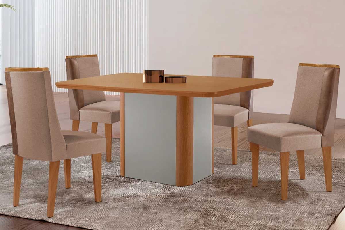 Sala Jantar Mesa Pietá c/ Tampo Madeirado Canto Curvo 120x80cm e 4 Cadeiras Tilia - Rufato