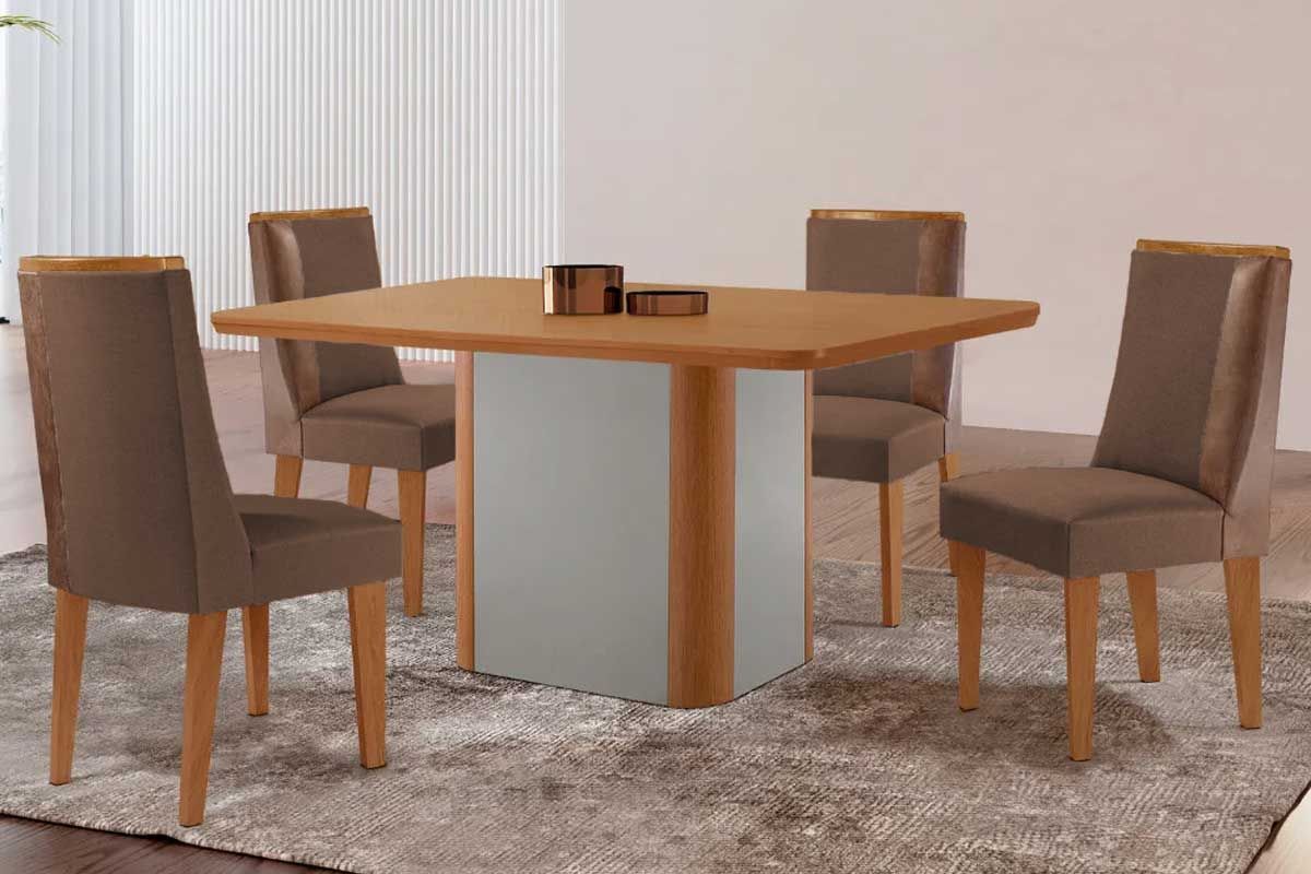 Sala Jantar Mesa Pietá c/ Tampo Madeirado Canto Curvo 120x80cm e 4 Cadeiras Tilia - Rufato