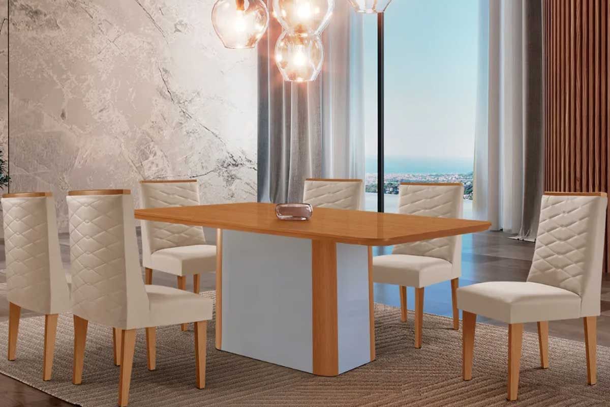 Sala Jantar Mesa Pietá c/ Tampo Madeirado Canto Curvo 180x90cm e 6 Cadeiras Dafne - Rufato