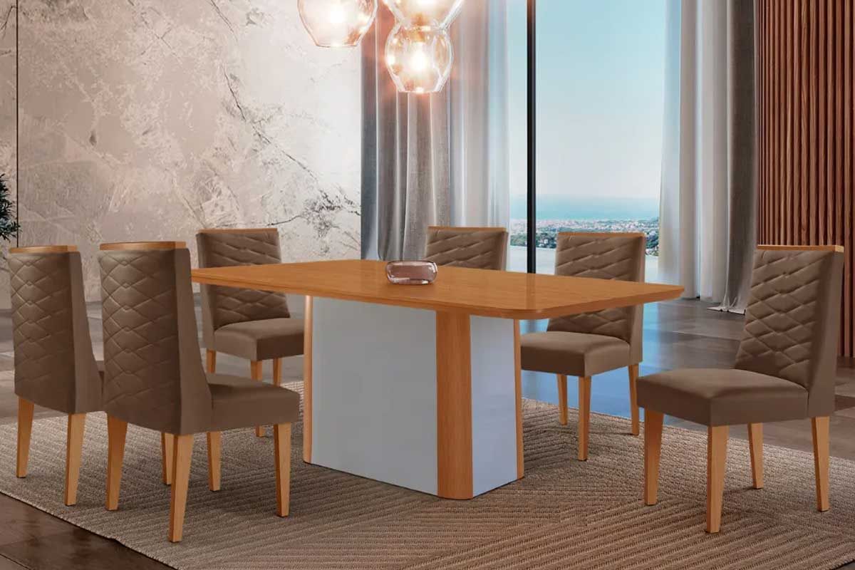 Sala Jantar Mesa Pietá c/ Tampo Madeirado Canto Curvo 180x90cm e 6 Cadeiras Dafne - Rufato