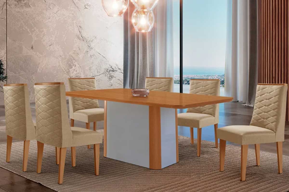 Sala Jantar Mesa Pietá c/ Tampo Madeirado Canto Curvo 180x90cm e 6 Cadeiras Dafne - Rufato