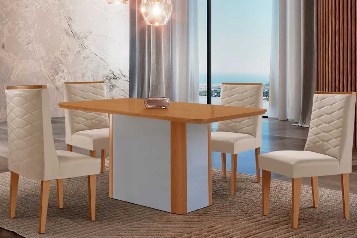 Sala Jantar Mesa Pietá c/ Tampo Madeirado Canto Curvo 120x80cm e 4 Cadeiras Dafne - Rufato