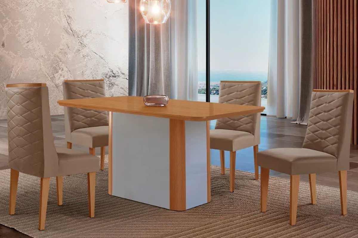 Sala Jantar Mesa Pietá c/ Tampo Madeirado Canto Curvo 120x80cm e 4 Cadeiras Dafne - Rufato