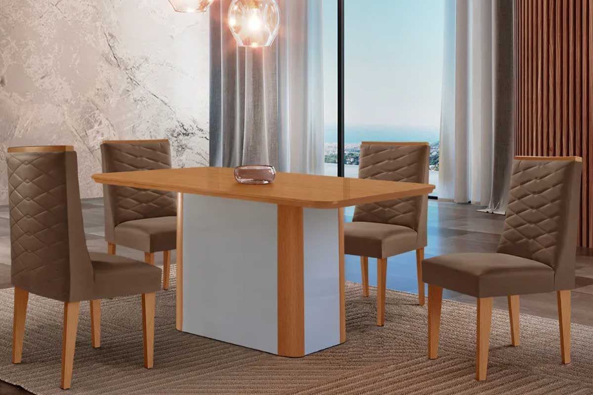 Sala Jantar Mesa Pietá c/ Tampo Madeirado Canto Curvo 120x80cm e 4 Cadeiras Dafne - Rufato