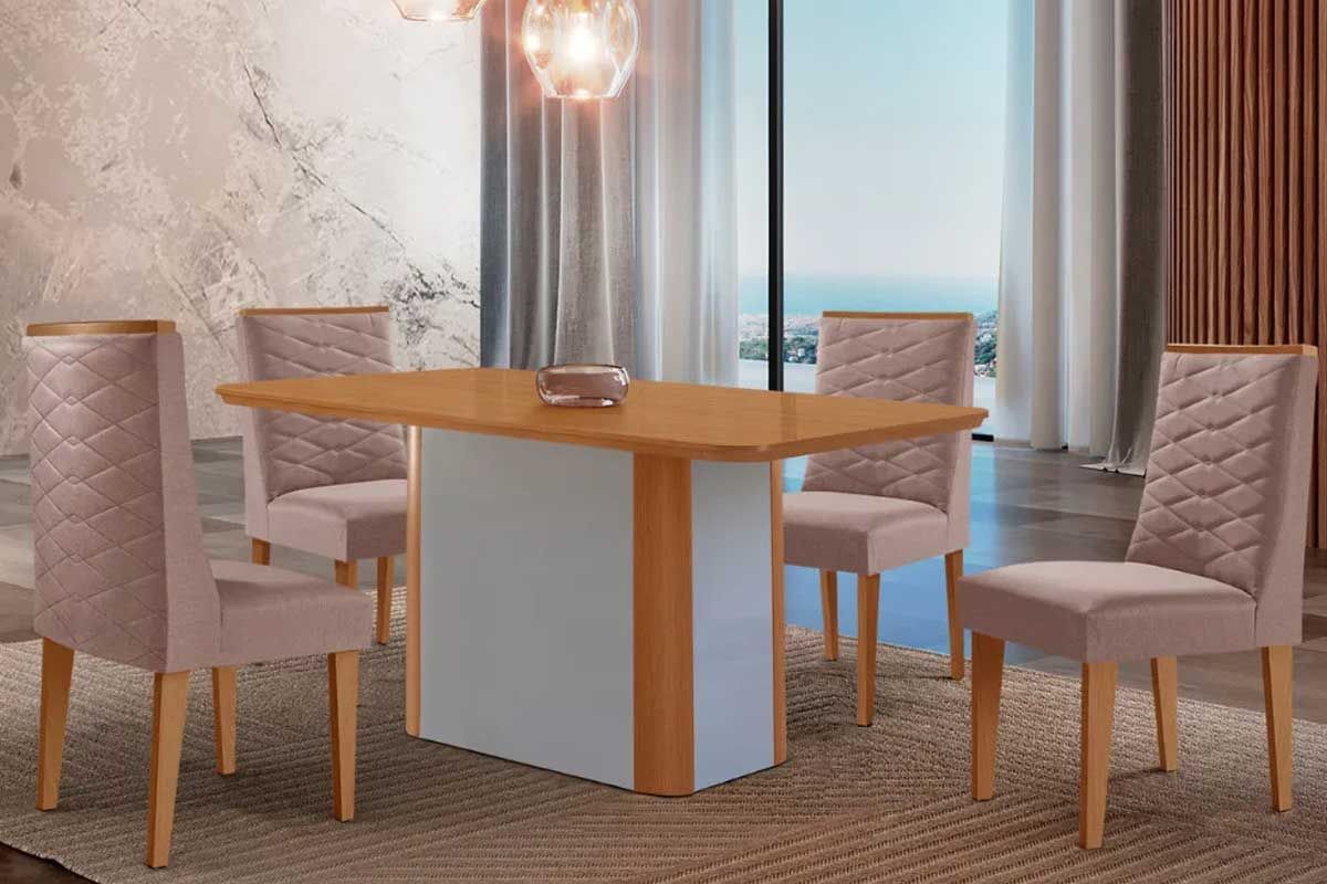 Sala Jantar Mesa Pietá c/ Tampo Madeirado Canto Curvo 120x80cm e 4 Cadeiras Dafne - Rufato