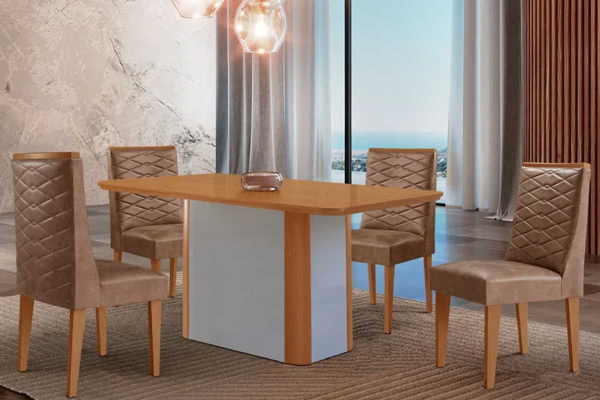 Sala Jantar Mesa Pietá c/ Tampo Madeirado Canto Curvo 120x80cm e 4 Cadeiras Dafne - Rufato