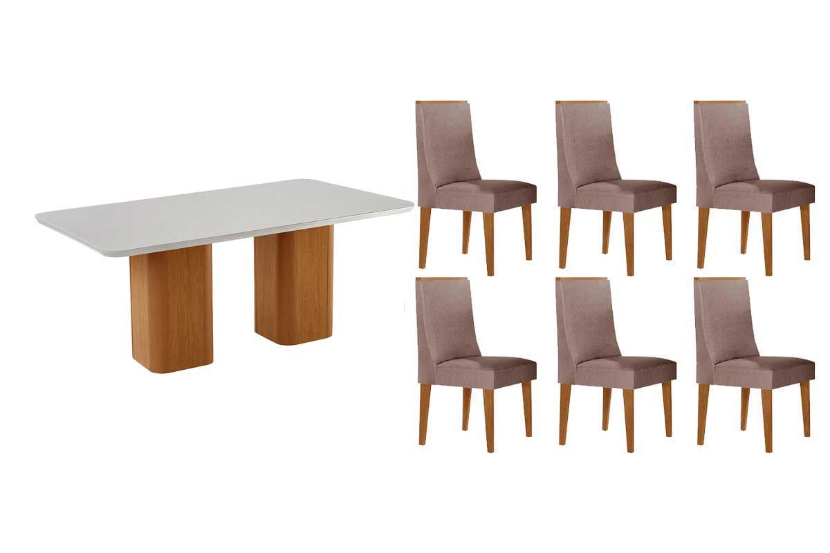 Sala Jantar Mesa Maldivas c/ Tampo Madeirado c/ Vidro Canto Curvo 180X90cm e 6 Cadeiras Dakota - Rufato