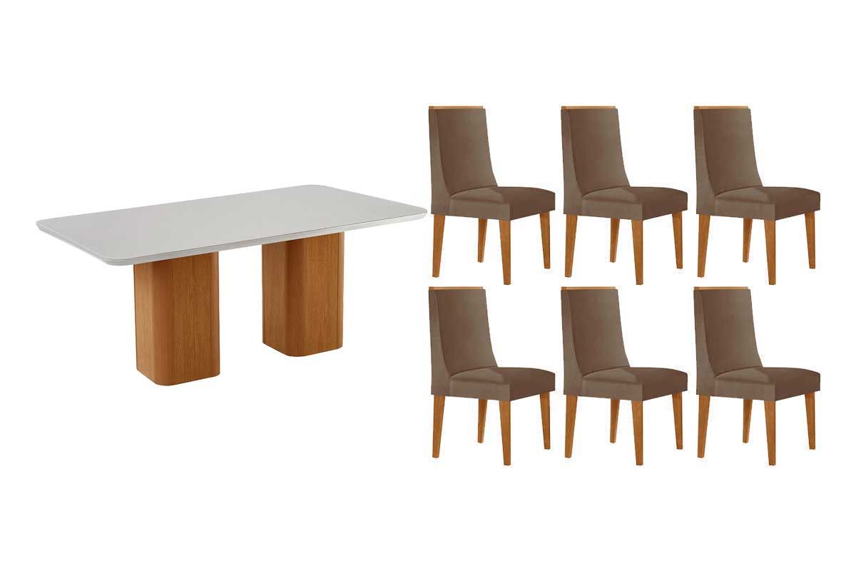 Sala Jantar Mesa Maldivas c/ Tampo Madeirado c/ Vidro Canto Curvo 180X90cm e 6 Cadeiras Dakota - Rufato