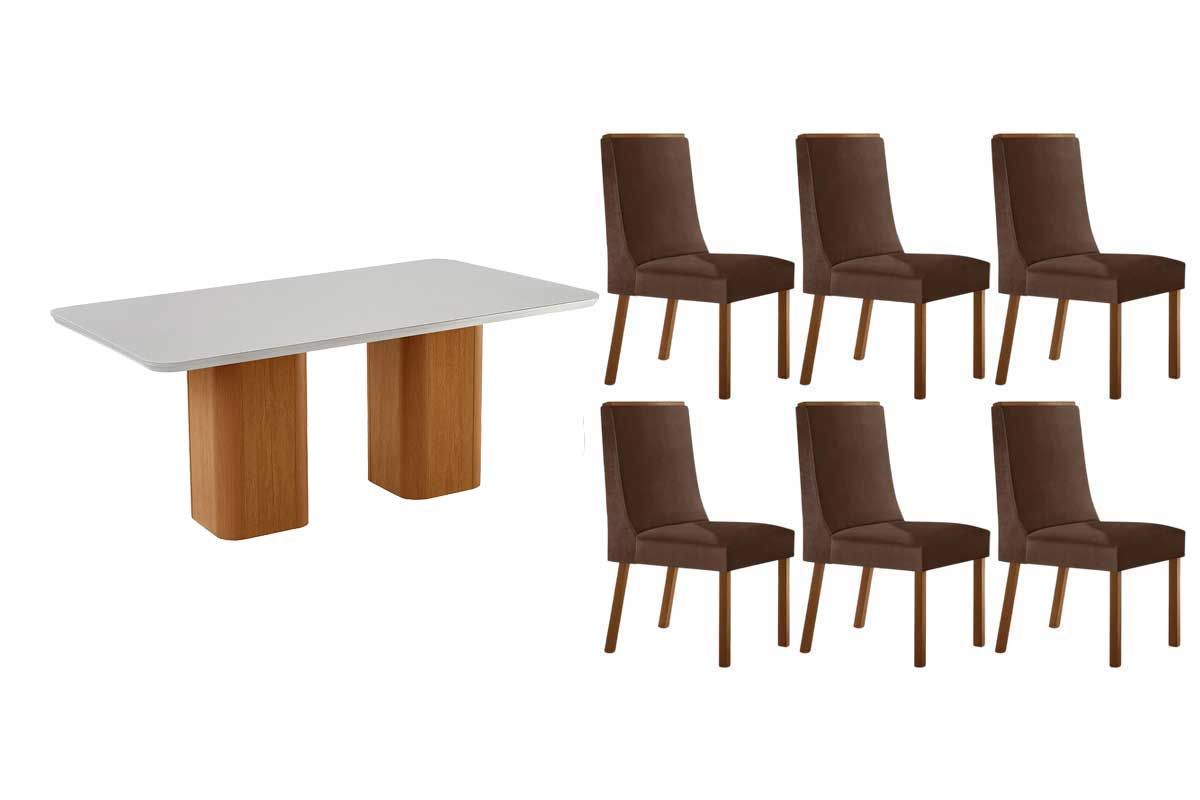 Sala Jantar Mesa Maldivas c/ Tampo Madeirado c/ Vidro Canto Curvo 180X90cm e 6 Cadeiras Dakota - Rufato