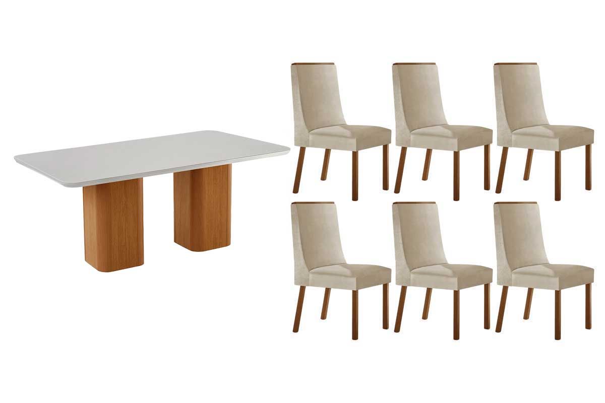 Sala Jantar Mesa Maldivas c/ Tampo Madeirado c/ Vidro Canto Curvo 180X90cm e 6 Cadeiras Dakota - Rufato