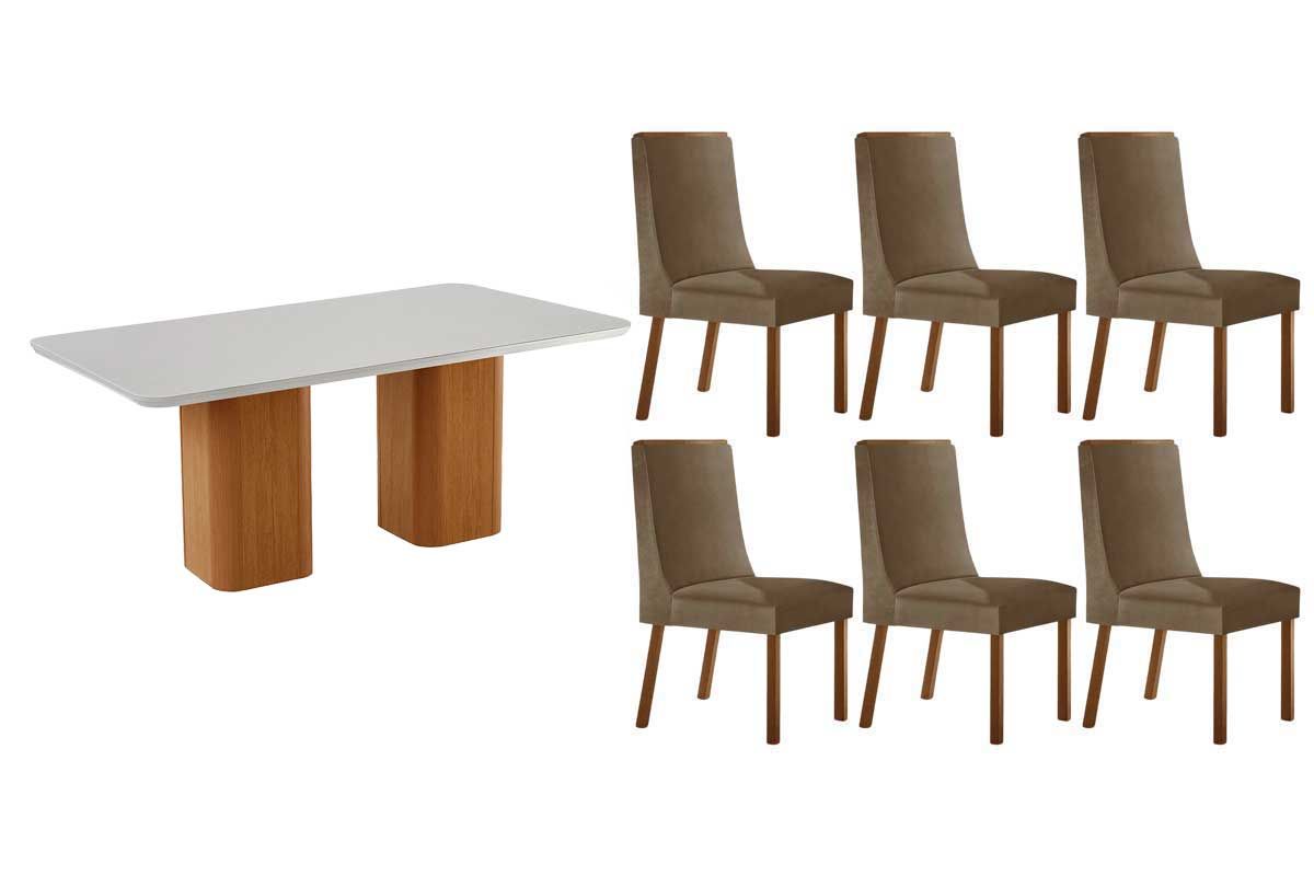 Sala Jantar Mesa Maldivas c/ Tampo Madeirado c/ Vidro Canto Curvo 180X90cm e 6 Cadeiras Dakota - Rufato