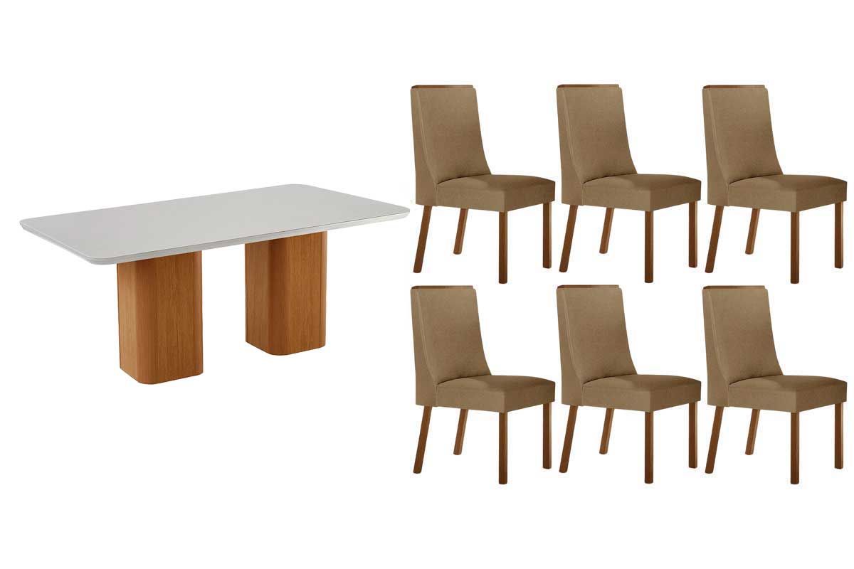 Sala Jantar Mesa Maldivas c/ Tampo Madeirado c/ Vidro Canto Curvo 180X90cm e 6 Cadeiras Dakota - Rufato