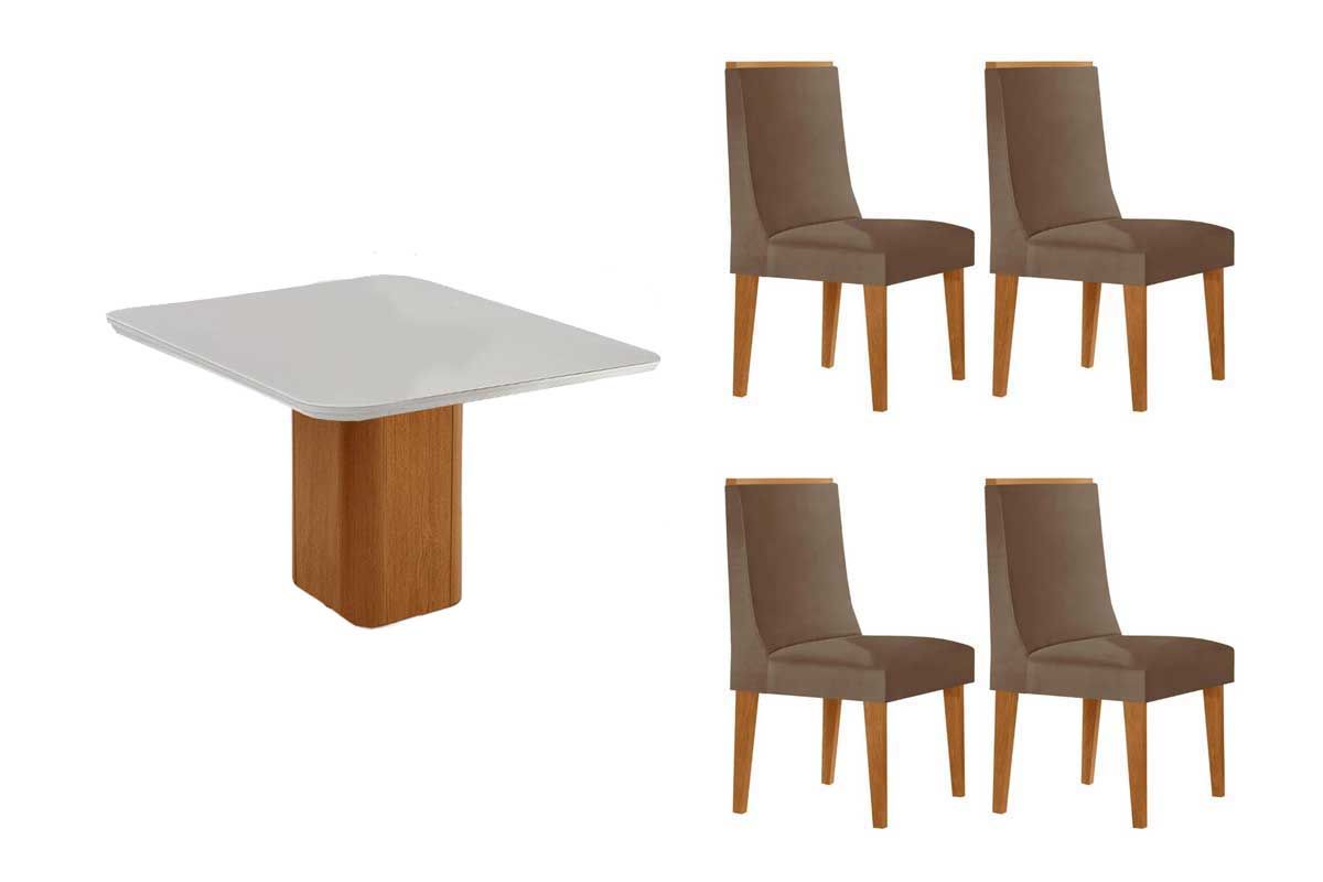 Sala Jantar Mesa Maldivas c/ Tampo Madeirado c/ Vidro Canto Curvo 90x90cm e 4 Cadeiras Dakota - Rufato