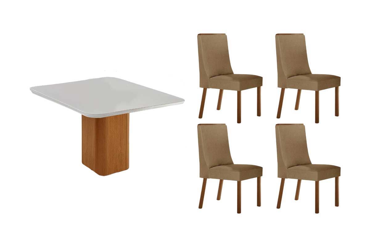 Sala Jantar Mesa Maldivas c/ Tampo Madeirado c/ Vidro Canto Curvo 90x90cm e 4 Cadeiras Dakota - Rufato