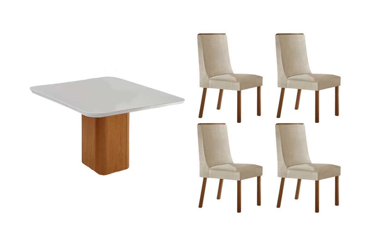 Sala Jantar Mesa Maldivas c/ Tampo Madeirado c/ Vidro Canto Curvo 90x90cm e 4 Cadeiras Dakota - Rufato