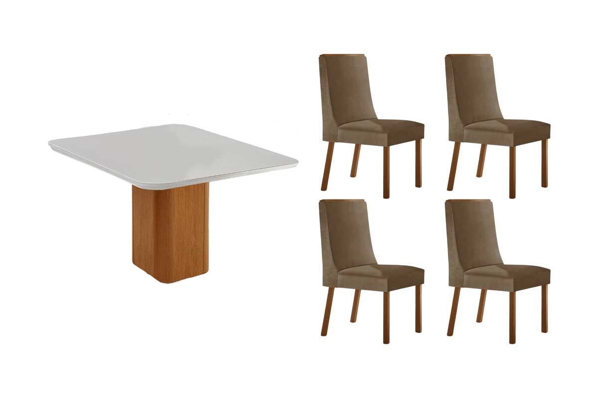 Sala Jantar Mesa Maldivas c/ Tampo Madeirado c/ Vidro Canto Curvo 90x90cm e 4 Cadeiras Dakota - Rufato