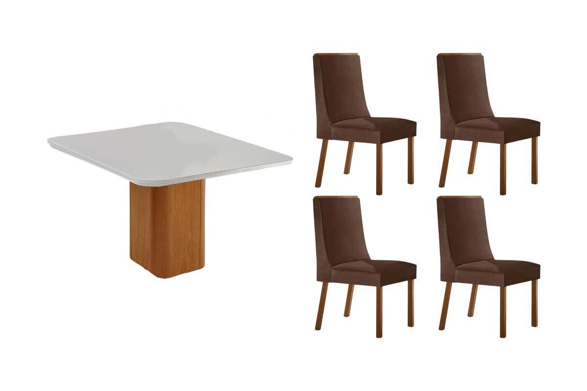 Sala Jantar Mesa Maldivas c/ Tampo Madeirado c/ Vidro Canto Curvo 90x90cm e 4 Cadeiras Dakota - Rufato