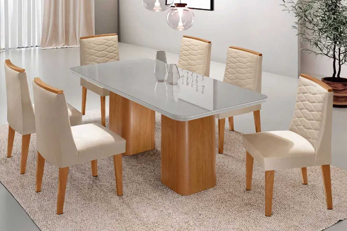 Sala Jantar Mesa Maldivas c/ Tampo Madeirado c/ Vidro Canto Curvo 180x90cm e 6 Cadeiras Maldivas - Rufato