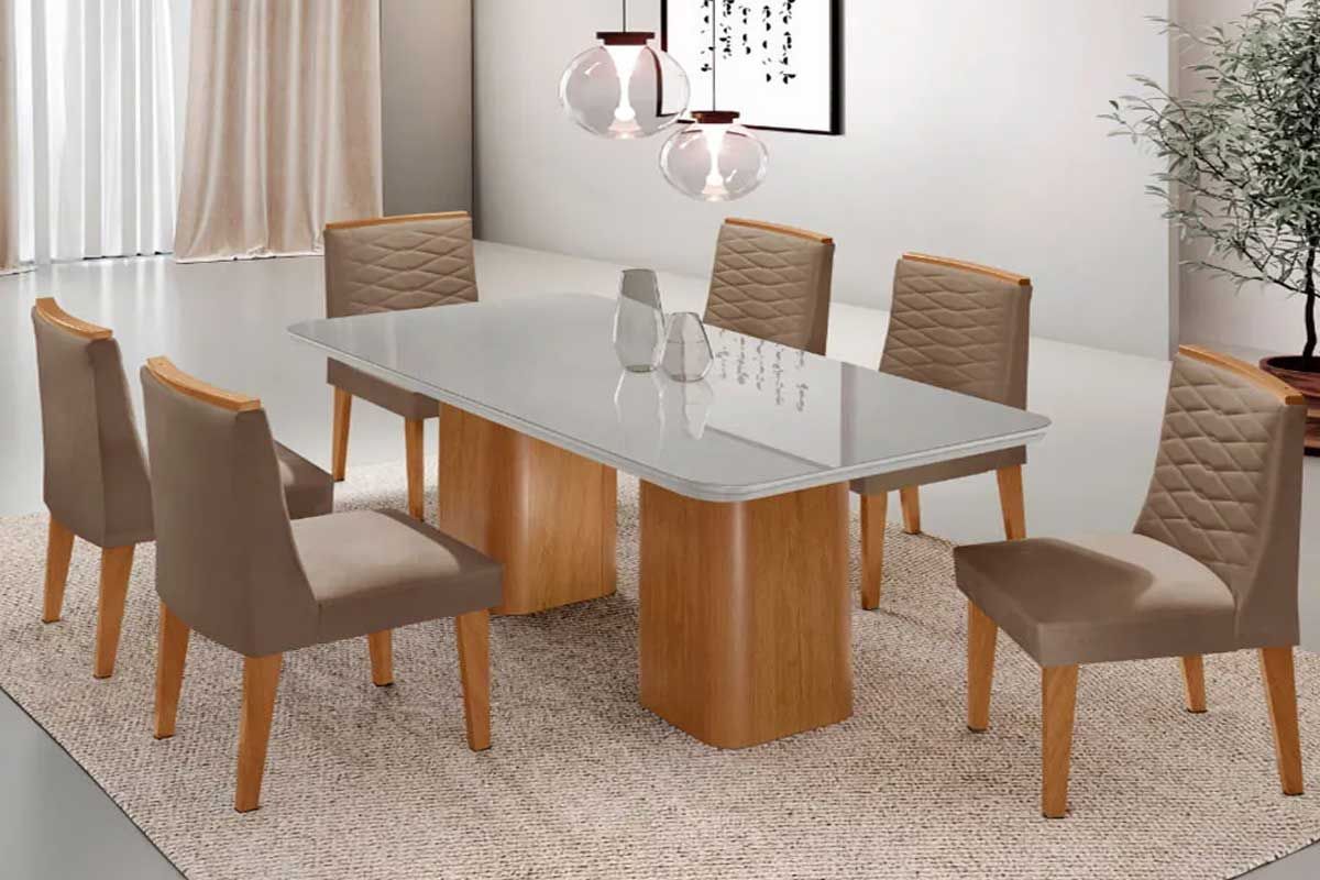 Sala Jantar Mesa Maldivas c/ Tampo Madeirado c/ Vidro Canto Curvo 180x90cm e 6 Cadeiras Maldivas - Rufato