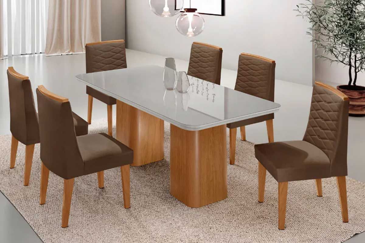 Sala Jantar Mesa Maldivas c/ Tampo Madeirado c/ Vidro Canto Curvo 180x90cm e 6 Cadeiras Maldivas - Rufato