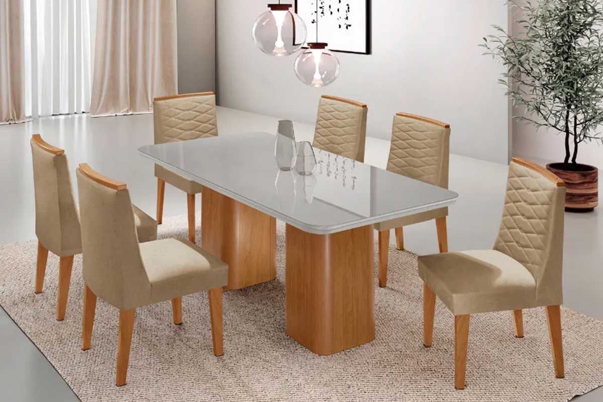 Sala Jantar Mesa Maldivas c/ Tampo Madeirado c/ Vidro Canto Curvo 180x90cm e 6 Cadeiras Maldivas - Rufato
