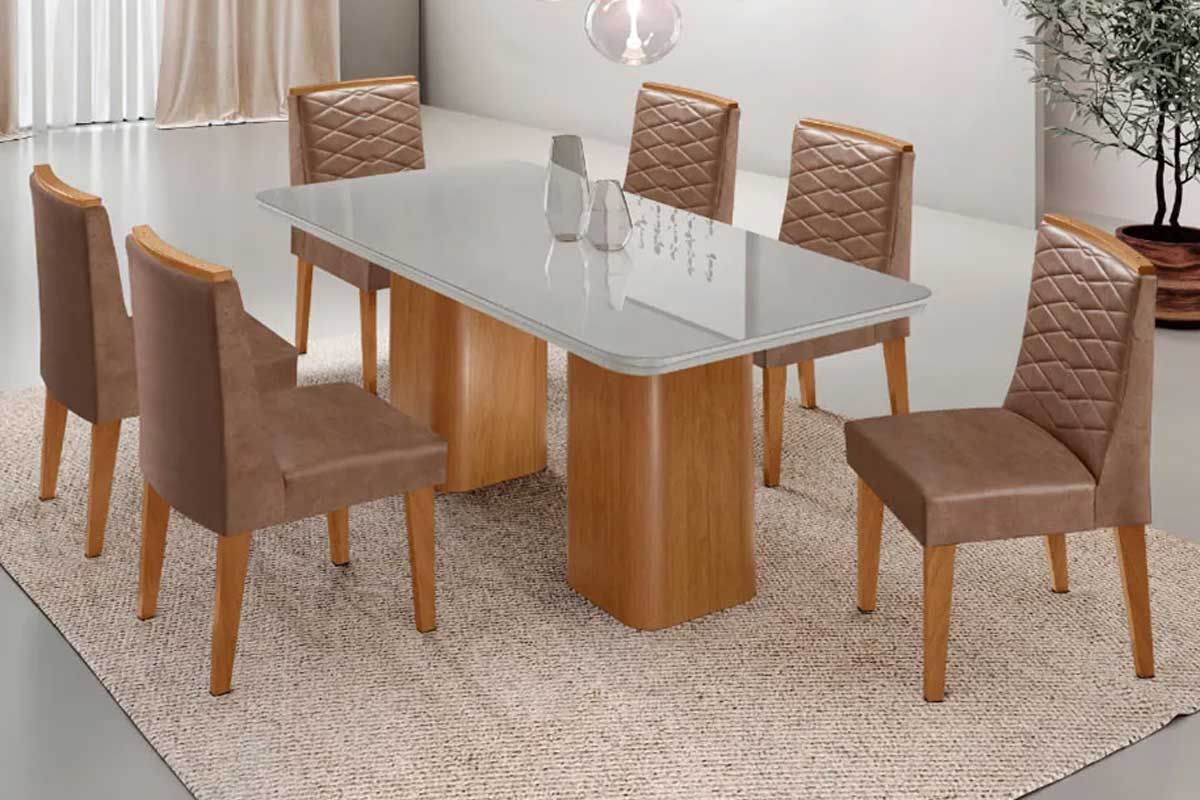 Sala Jantar Mesa Maldivas c/ Tampo Madeirado c/ Vidro Canto Curvo 180x90cm e 6 Cadeiras Maldivas - Rufato