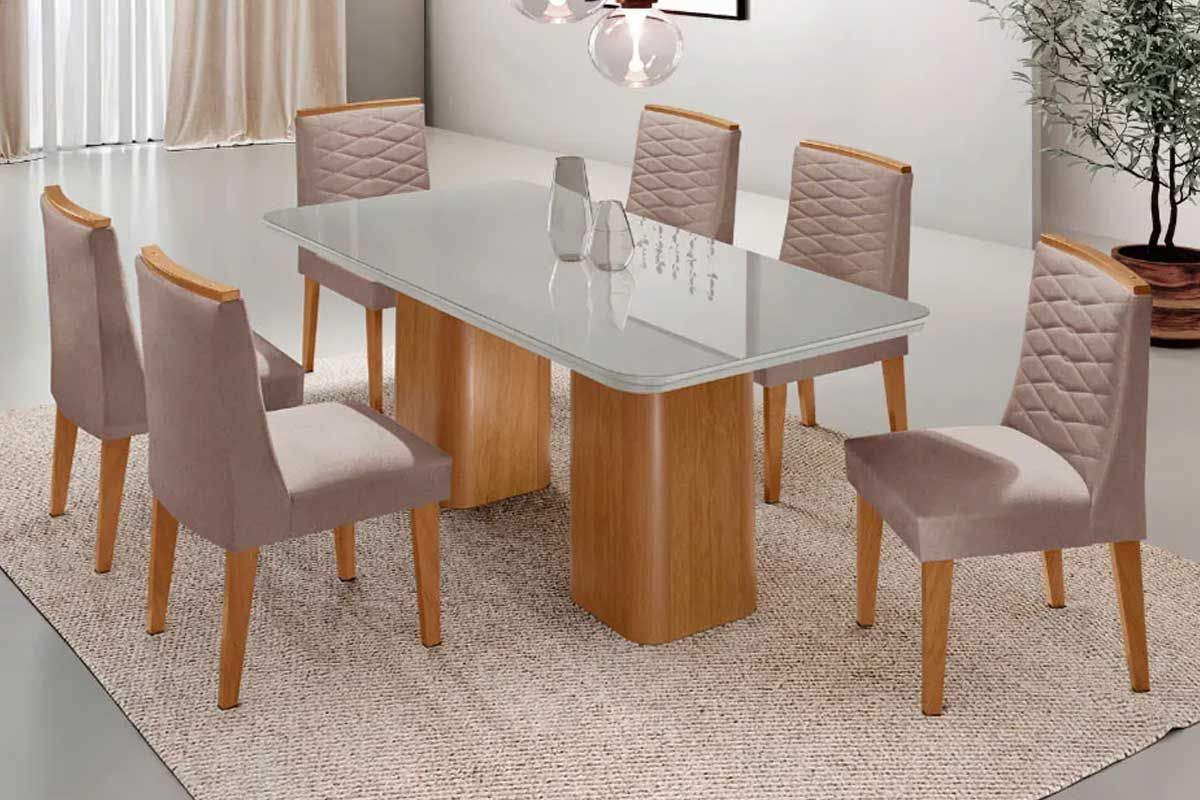 Sala Jantar Mesa Maldivas c/ Tampo Madeirado c/ Vidro Canto Curvo 180x90cm e 6 Cadeiras Maldivas - Rufato