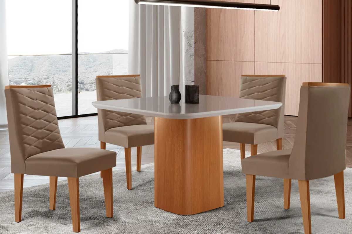 Sala Jantar Mesa Maldivas c/ Tampo Madeirado c/ Vidro Canto Curvo 90x90cm e 4 Cadeiras Maldivas - Rufato