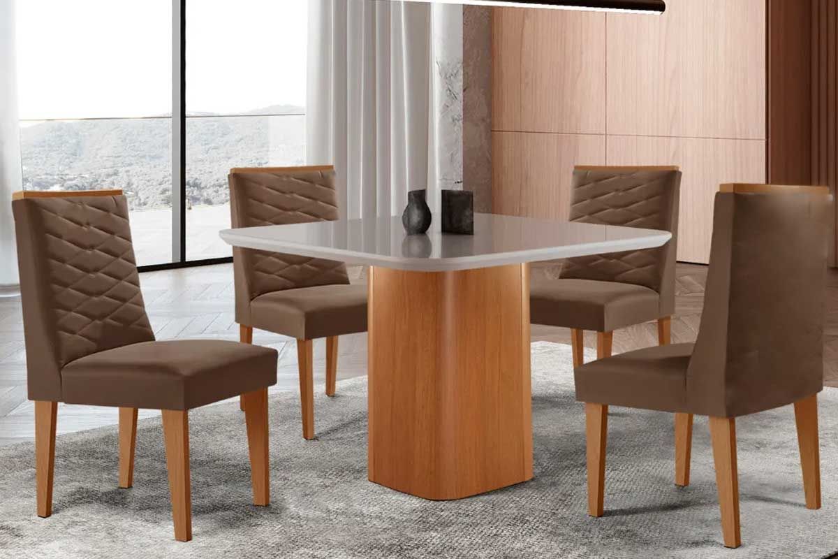 Sala Jantar Mesa Maldivas c/ Tampo Madeirado c/ Vidro Canto Curvo 90x90cm e 4 Cadeiras Maldivas - Rufato