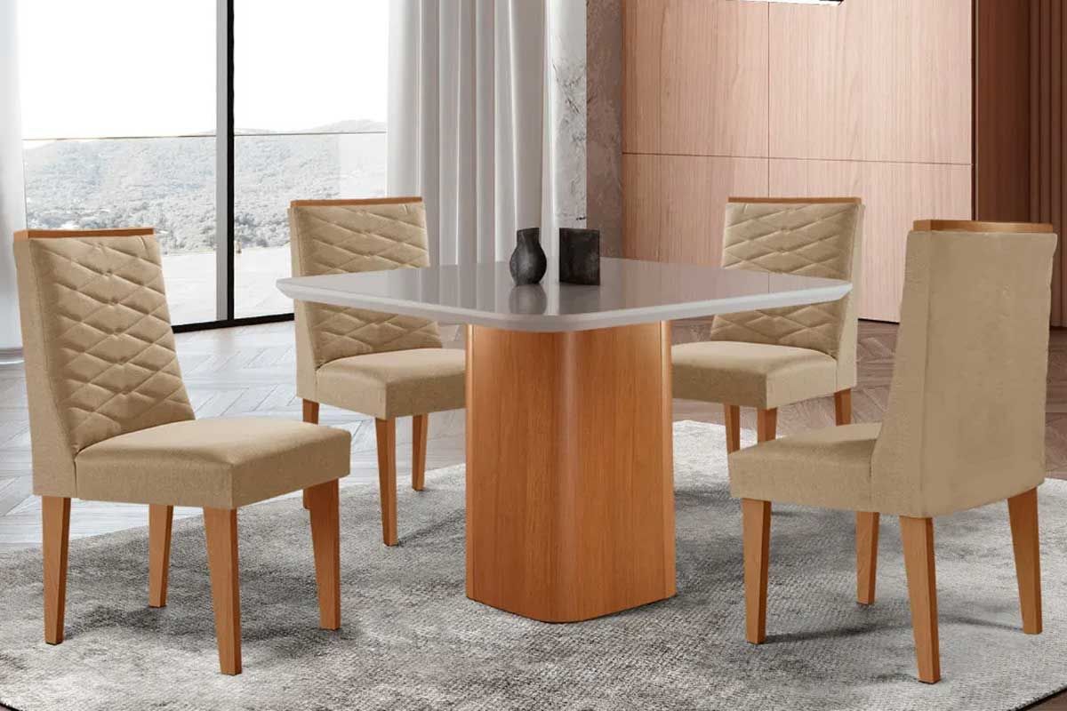 Sala Jantar Mesa Maldivas c/ Tampo Madeirado c/ Vidro Canto Curvo 90x90cm e 4 Cadeiras Maldivas - Rufato