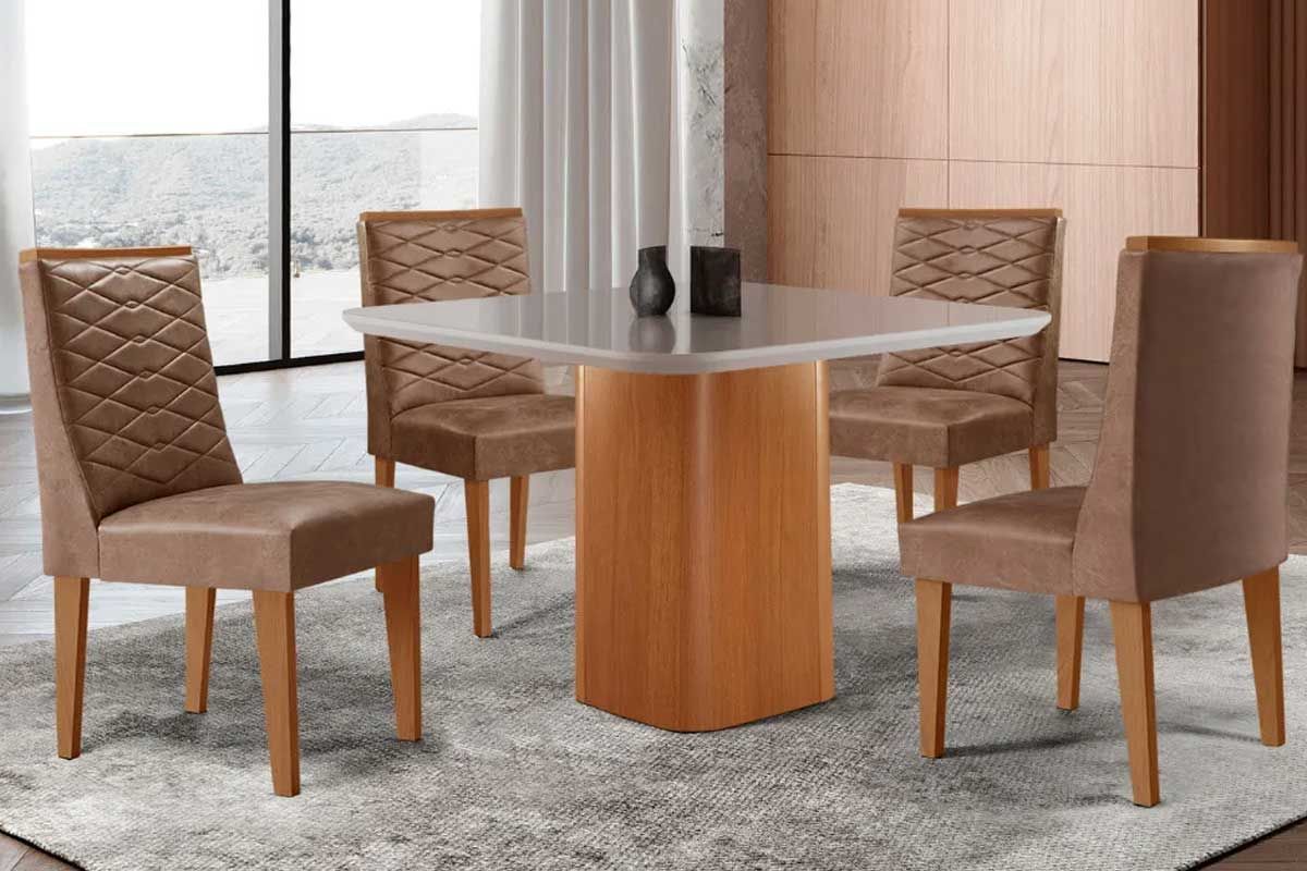 Sala Jantar Mesa Maldivas c/ Tampo Madeirado c/ Vidro Canto Curvo 90x90cm e 4 Cadeiras Maldivas - Rufato